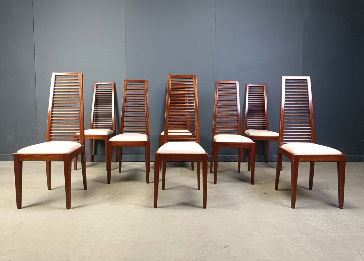 set of 8 dining chairs, brown wood, Italy, 1980s. - 275294