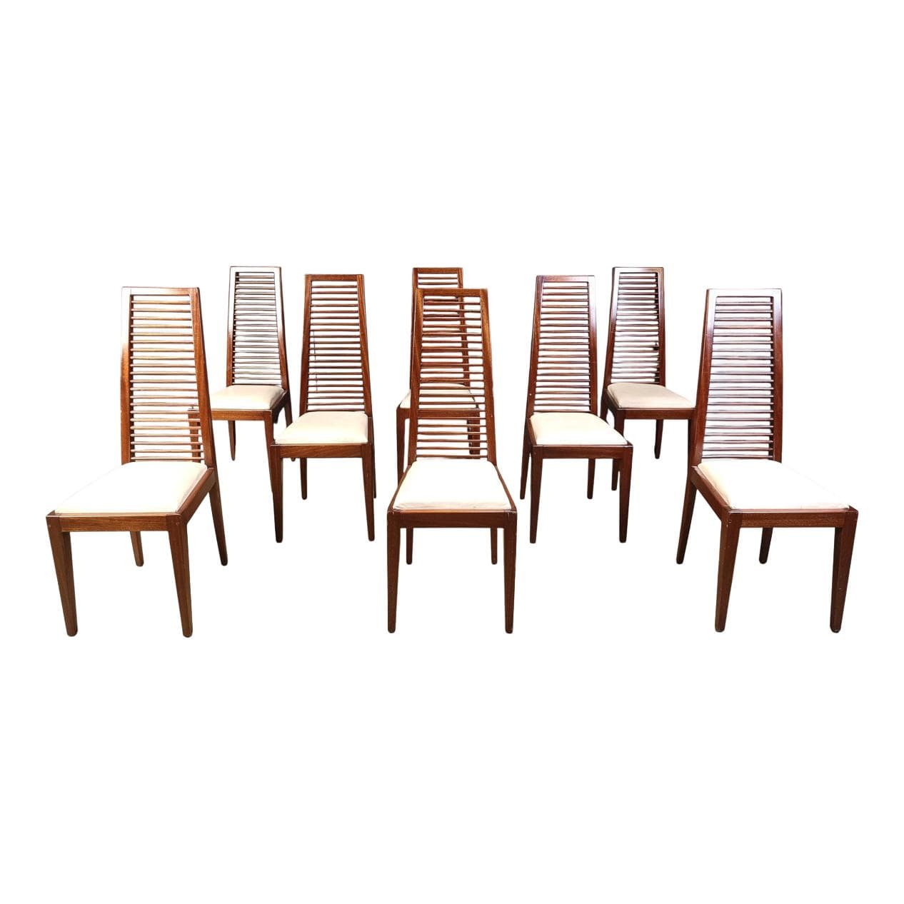 set of 8 dining chairs, brown wood, Italy, 1980s.