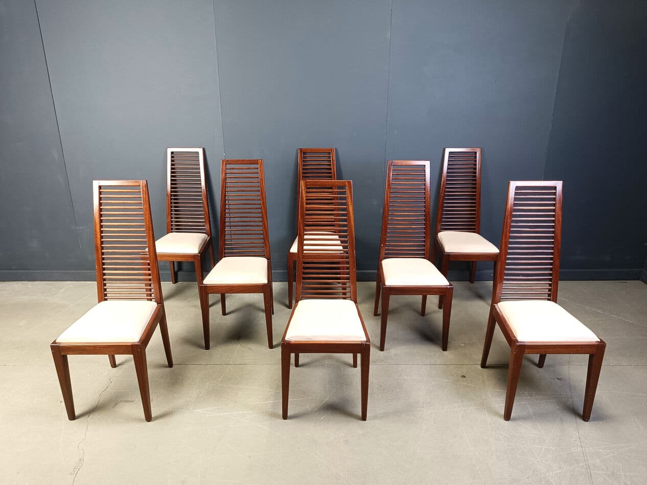 set of 8 dining chairs, brown wood, Italy, 1980s. - 275289