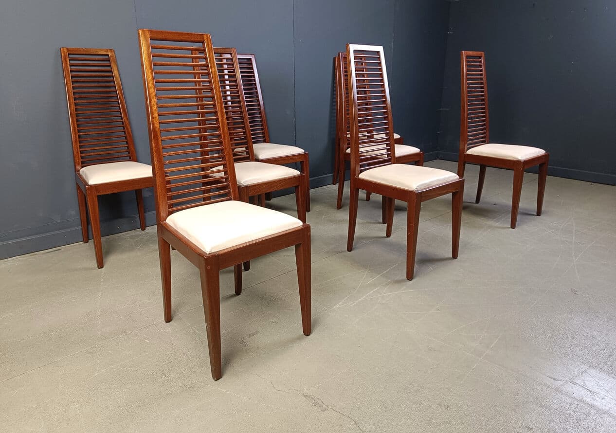 set of 8 dining chairs, brown wood, Italy, 1980s. - 275296