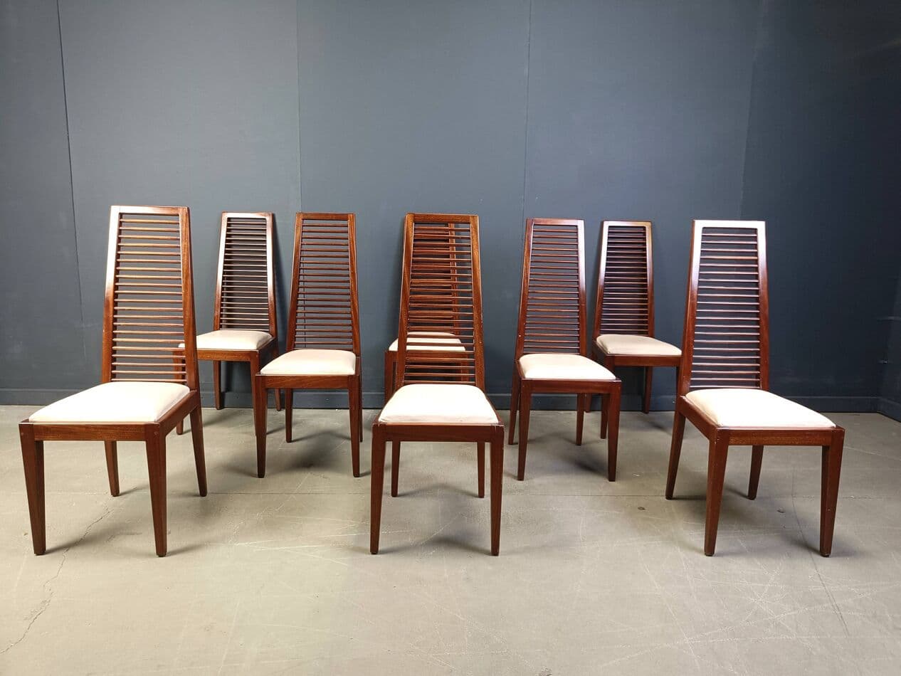 set of 8 dining chairs, brown wood, Italy, 1980s. - 275293