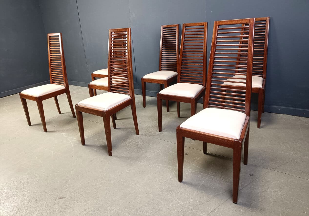 set of 8 dining chairs, brown wood, Italy, 1980s. - 275295