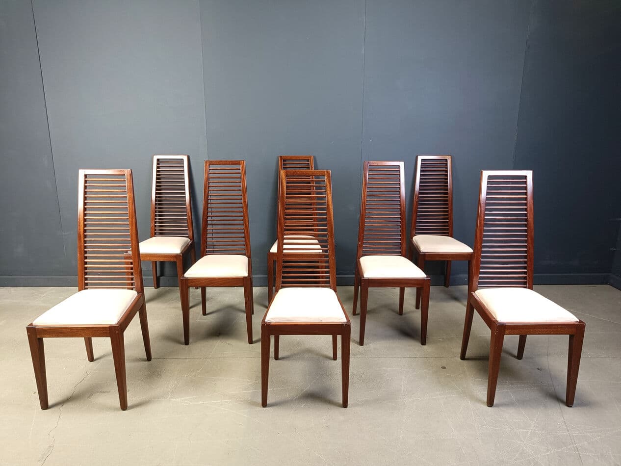 set of 8 dining chairs, brown wood, Italy, 1980s. - 275291