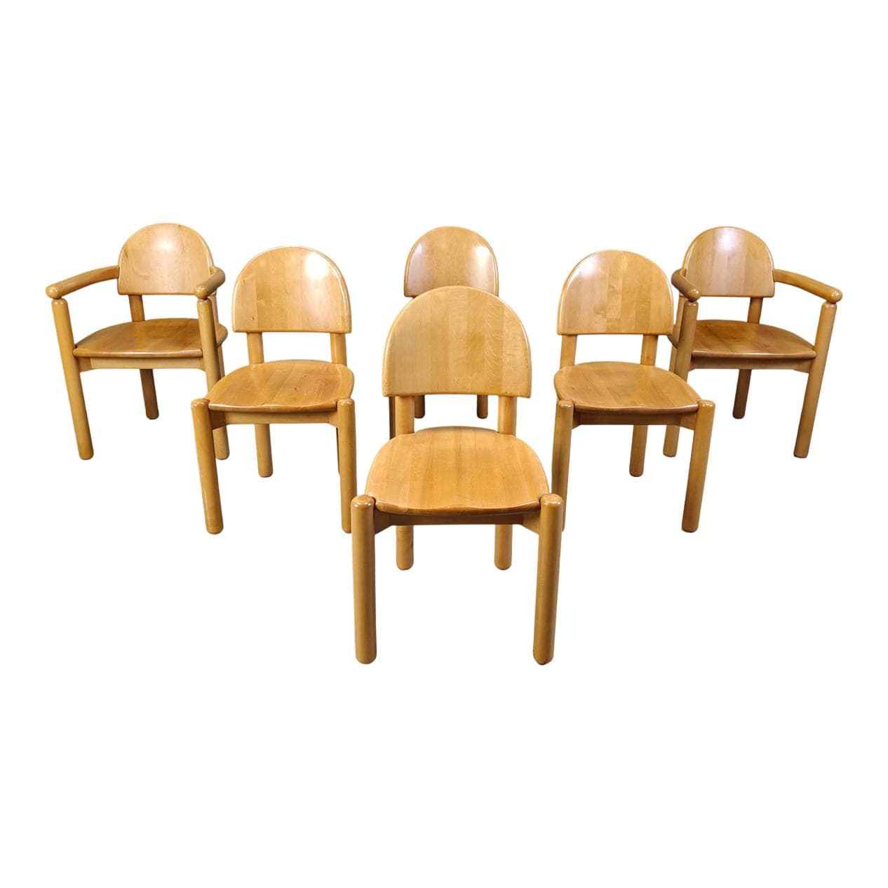 Komplet sześciu krzeseł jadalnianych, sosna brązowa, proj. R. Daumiller, Dania, lata 70.