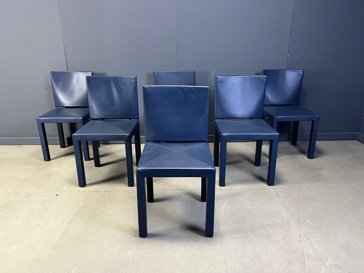 set of six dining chairs Arcadia, blue leather, by P. Piva, B&B Italia, Italy, 1980s - 275202