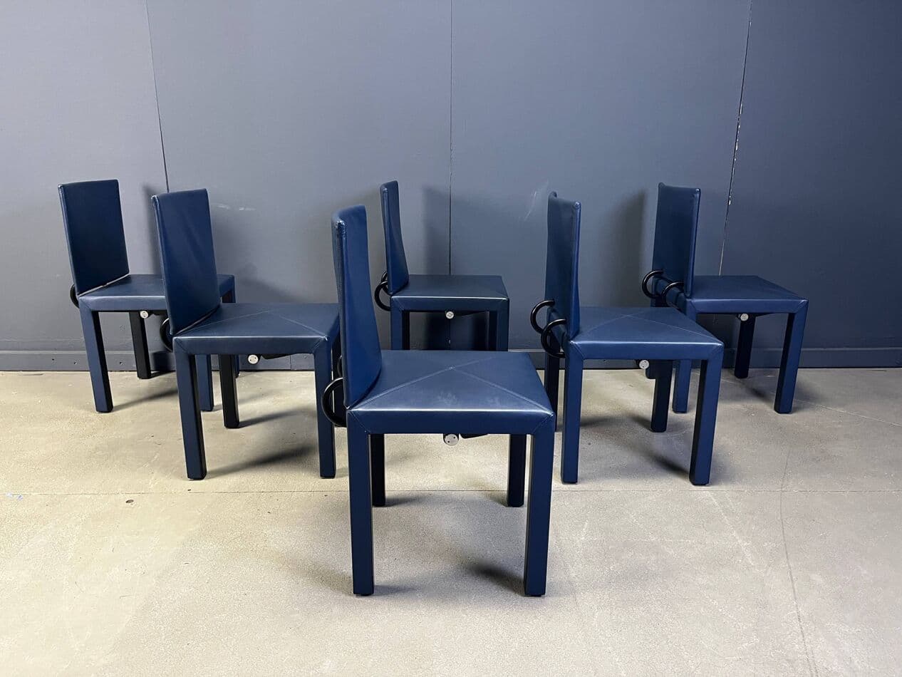 set of six dining chairs Arcadia, blue leather, by P. Piva, B&B Italia, Italy, 1980s - 275208