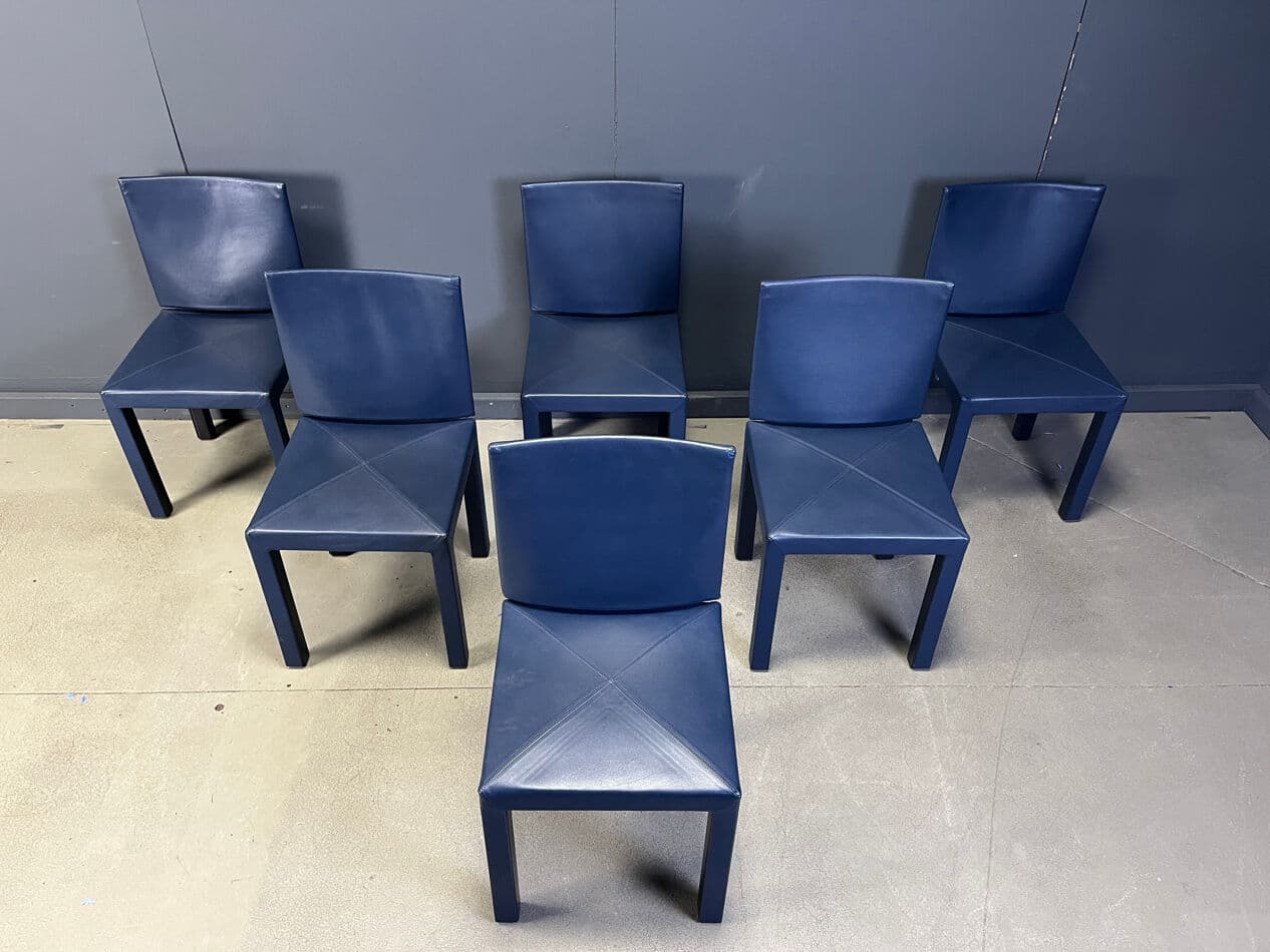 set of six dining chairs Arcadia, blue leather, by P. Piva, B&B Italia, Italy, 1980s - 275206