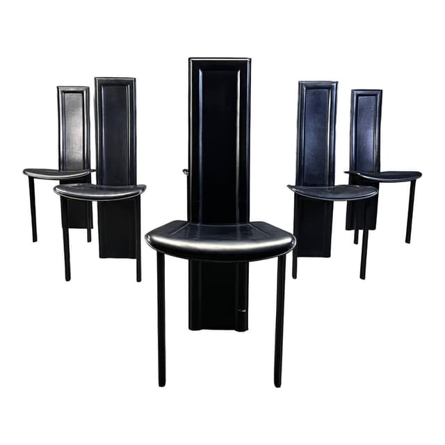 set of six dining chairs, black leather, Italy, 1980s - DIMENSION