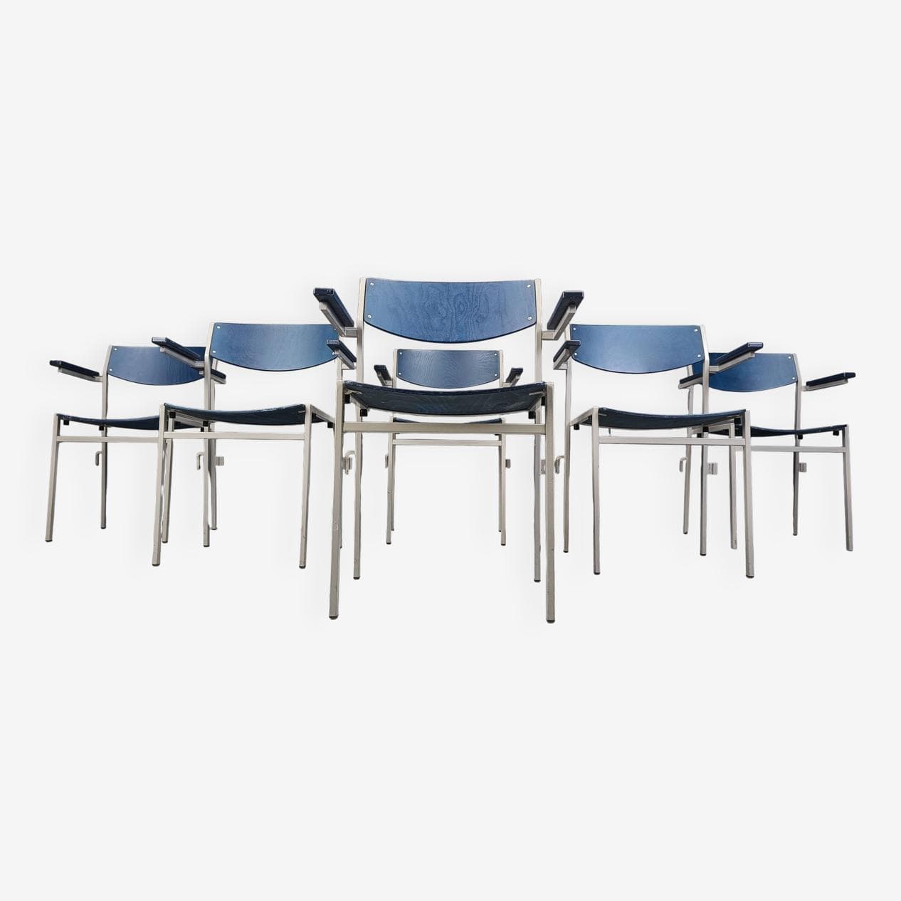 Zestaw sześciu foteli z podłokietnikami, metal niebieski, proj. G. Van Der Sluis, Holandia, lata 60. - 274995