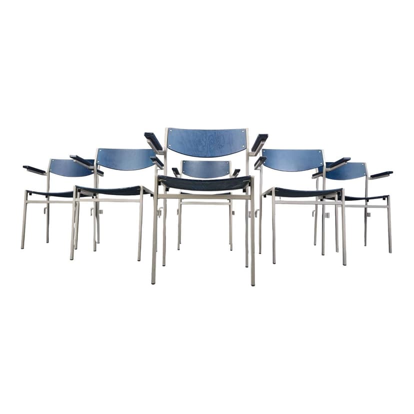 Zestaw sześciu foteli z podłokietnikami, metal niebieski, proj. G. Van Der Sluis, Holandia, lata 60.