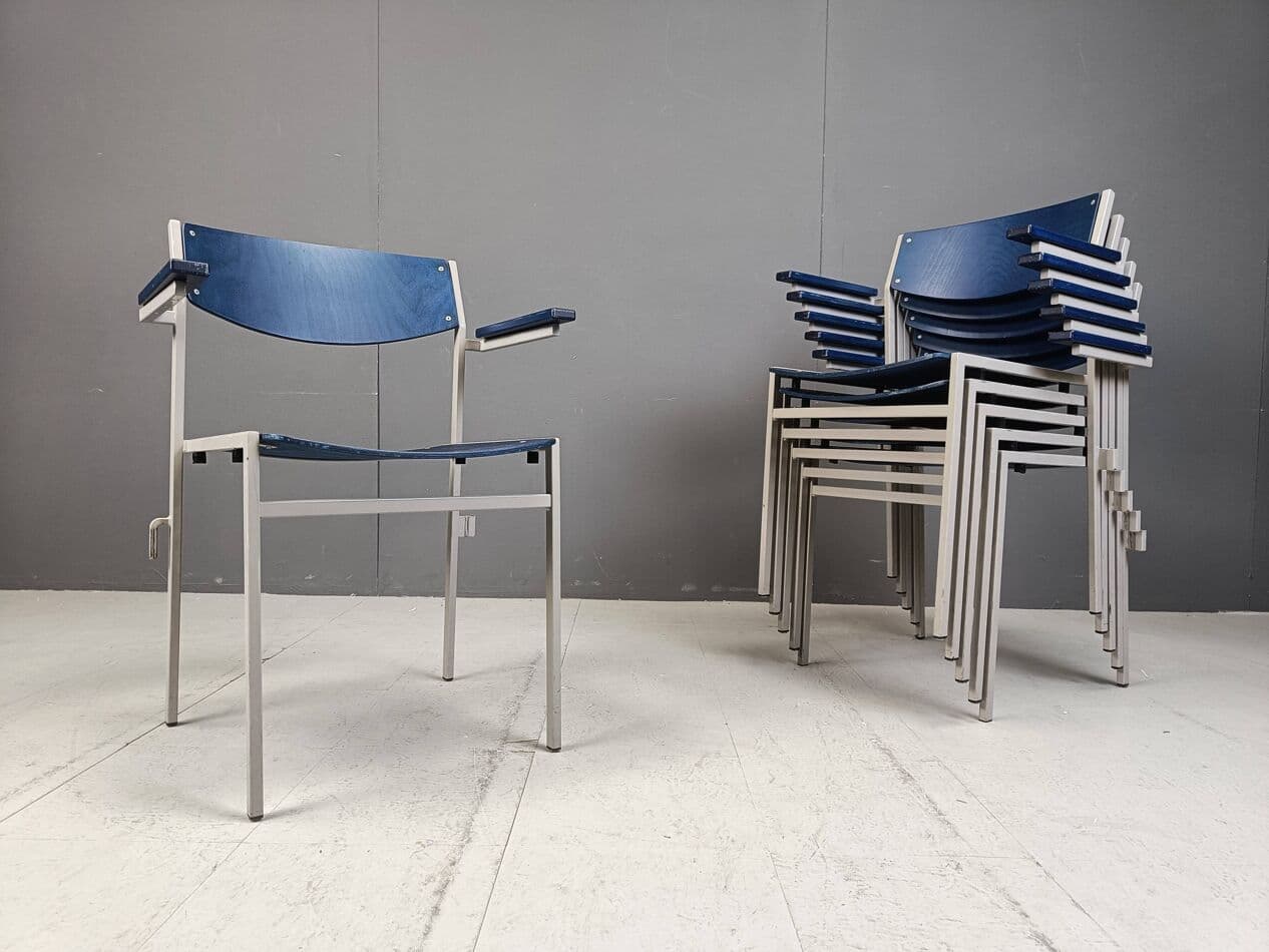 Zestaw sześciu foteli z podłokietnikami, metal niebieski, proj. G. Van Der Sluis, Holandia, lata 60. - 275001