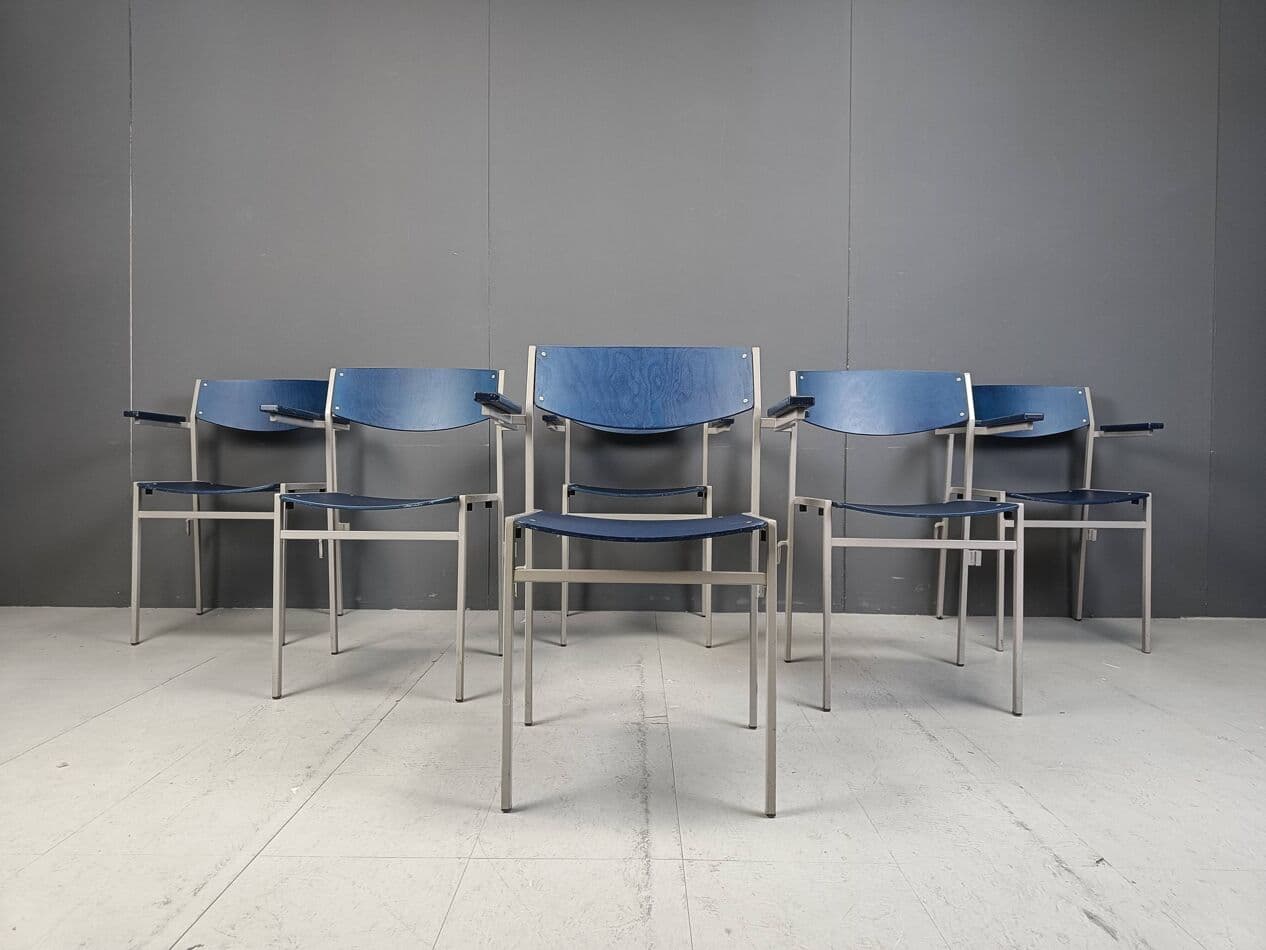 Zestaw sześciu foteli z podłokietnikami, metal niebieski, proj. G. Van Der Sluis, Holandia, lata 60. - 274993