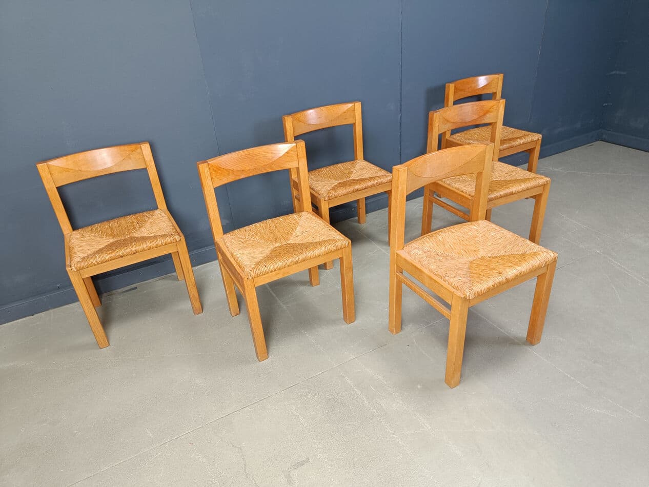 Set of dining chairs, brown oak, natural wicker, Belgium, 1960s - 274879