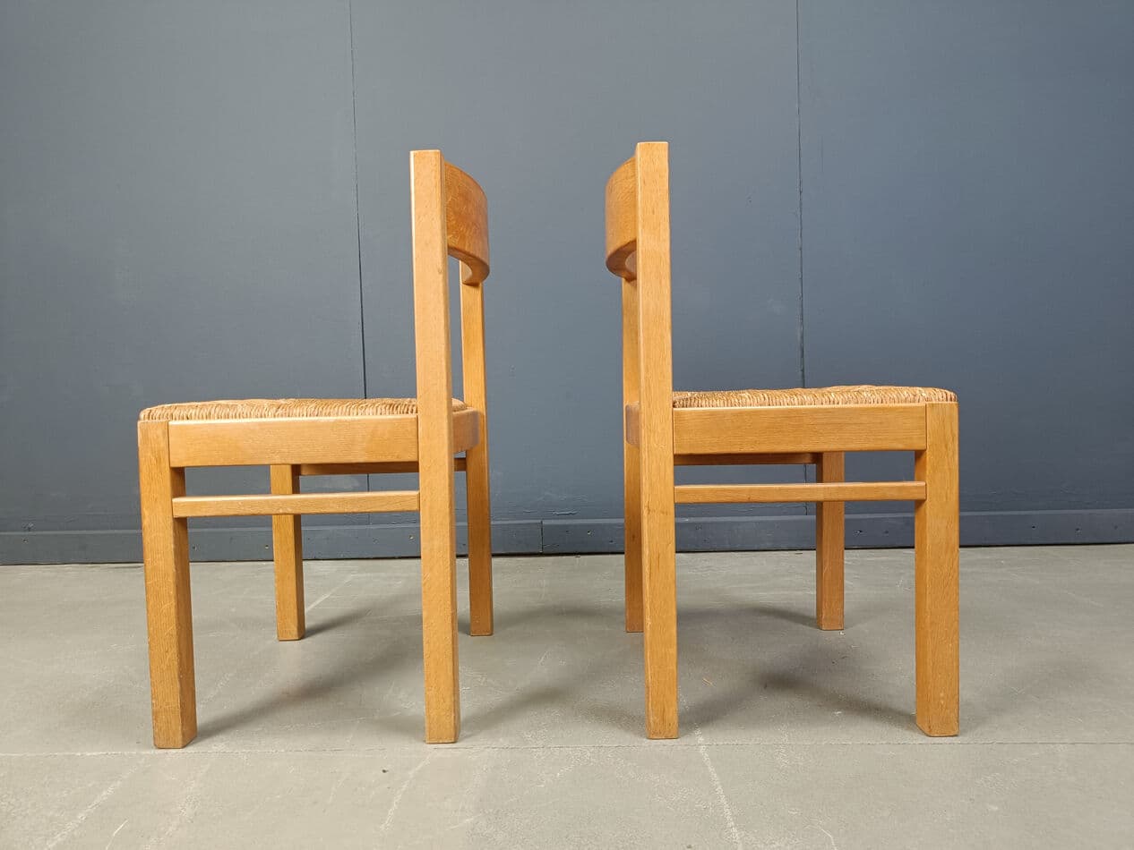 Set of dining chairs, brown oak, natural wicker, Belgium, 1960s - 274874