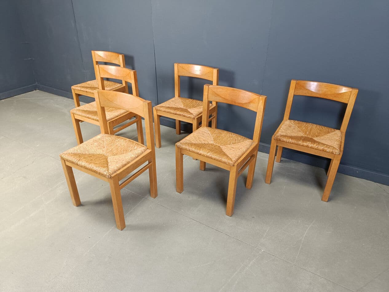 Set of dining chairs, brown oak, natural wicker, Belgium, 1960s - 274880