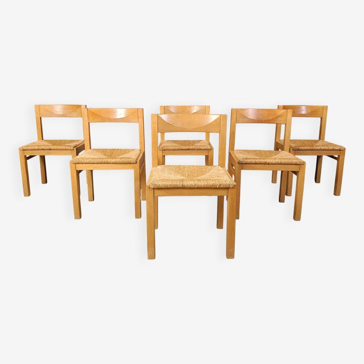 Set of dining chairs, brown oak, natural wicker, Belgium, 1960s - 274875