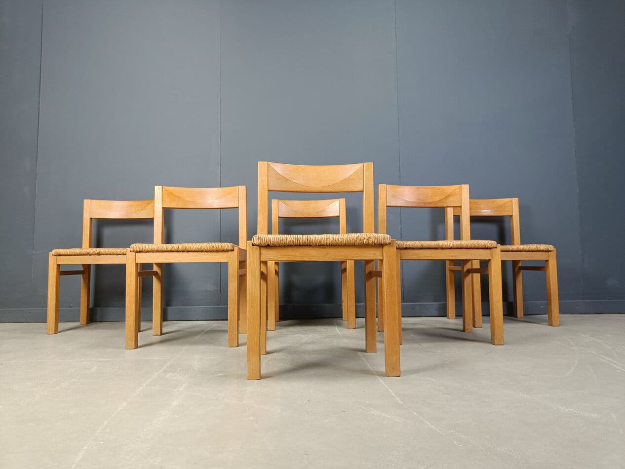 Set of dining chairs, brown oak, natural wicker, Belgium, 1960s - 274878