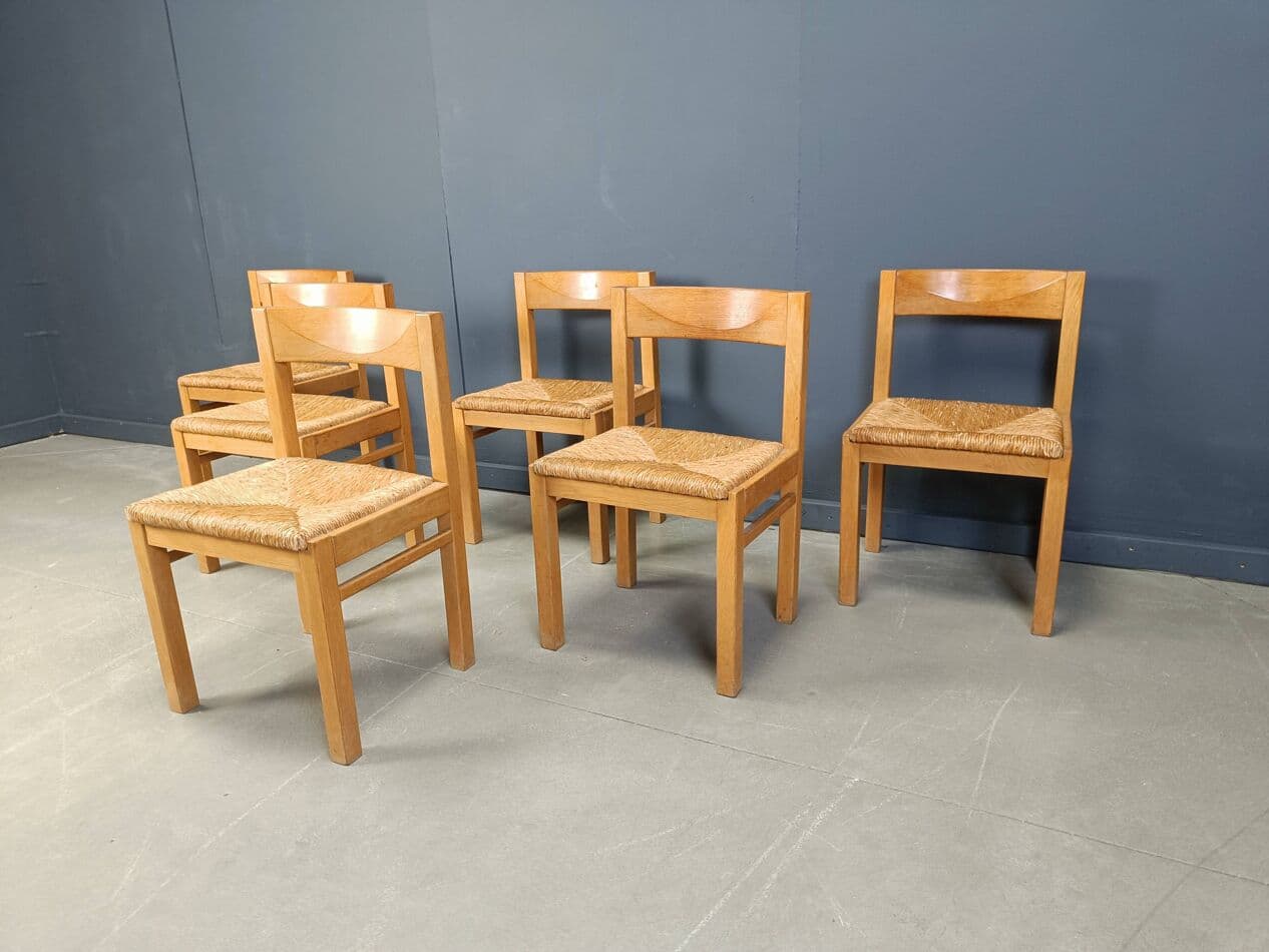 Set of dining chairs, brown oak, natural wicker, Belgium, 1960s - 274881