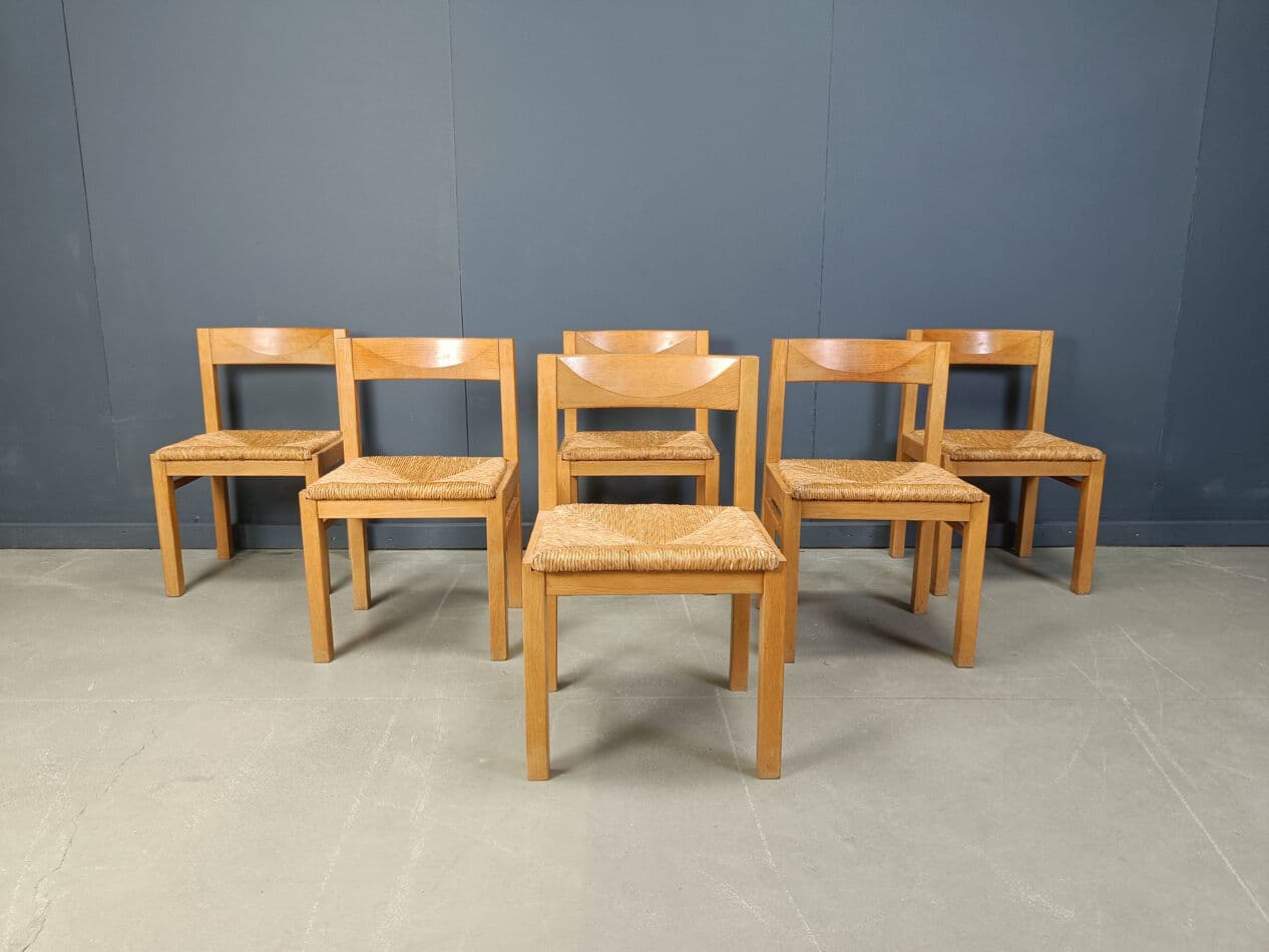 Set of dining chairs, brown oak, natural wicker, Belgium, 1960s - 274872