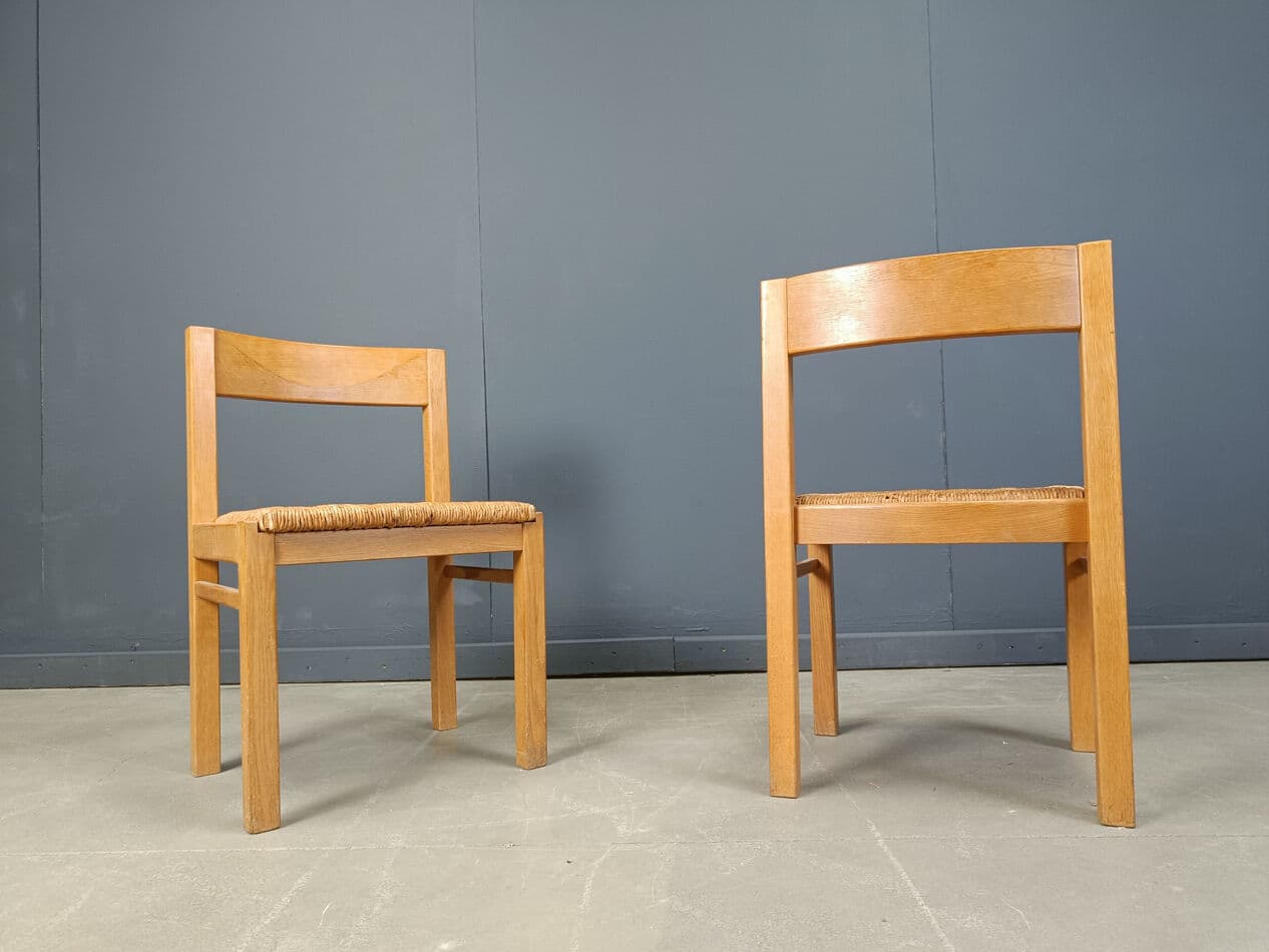 Set of dining chairs, brown oak, natural wicker, Belgium, 1960s - 274882