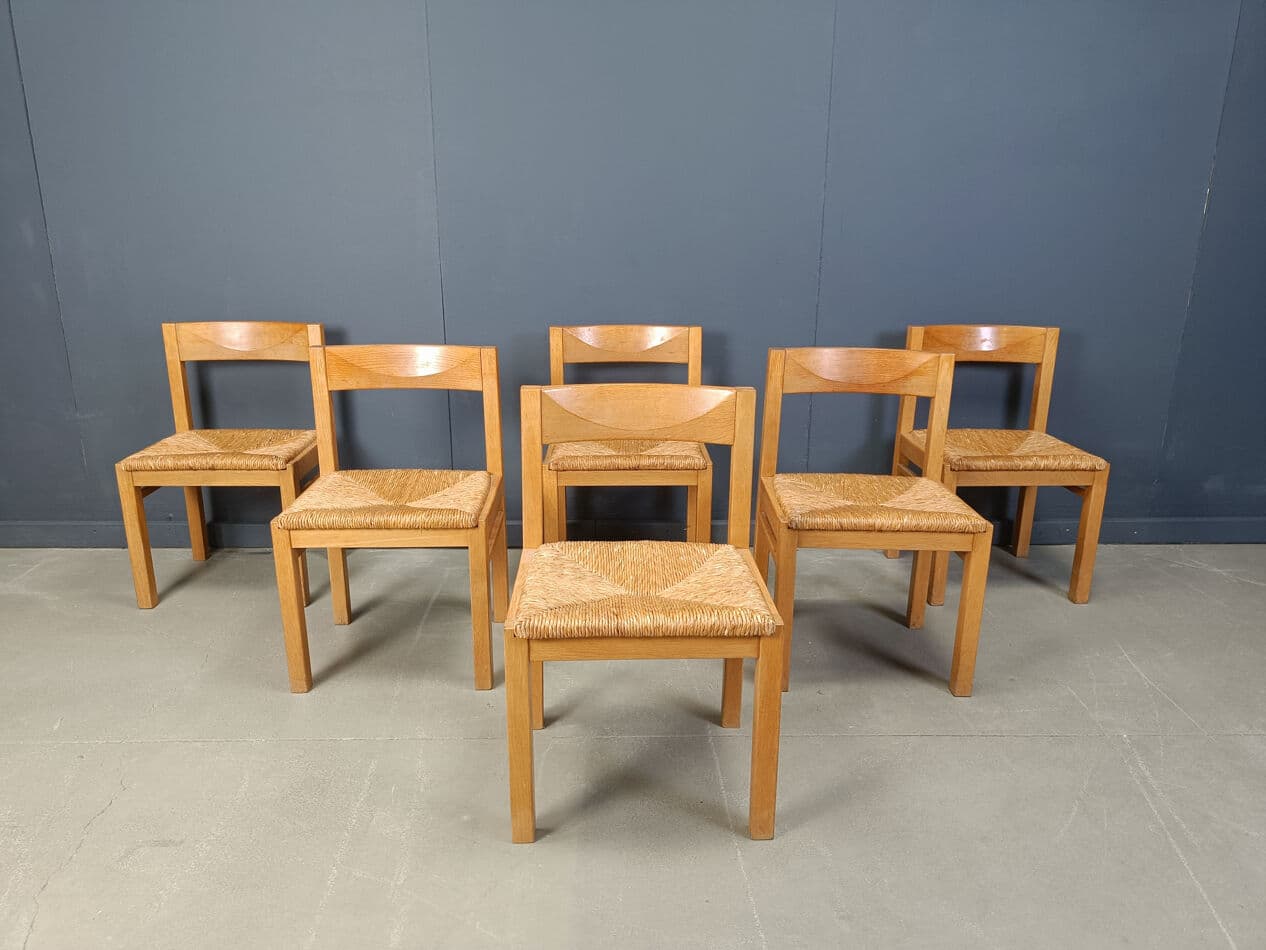 Set of dining chairs, brown oak, natural wicker, Belgium, 1960s - 274877