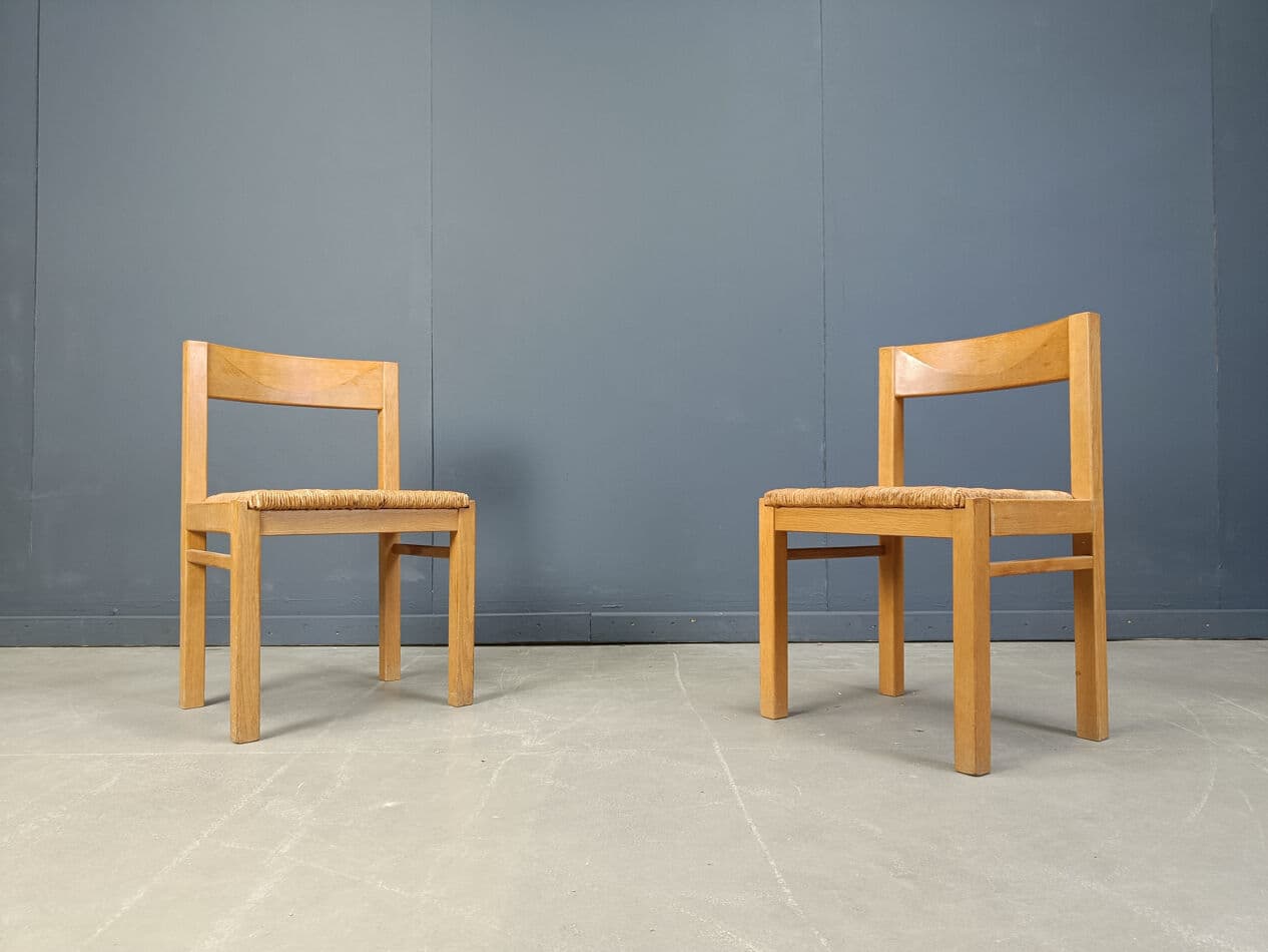 Set of dining chairs, brown oak, natural wicker, Belgium, 1960s - 274873