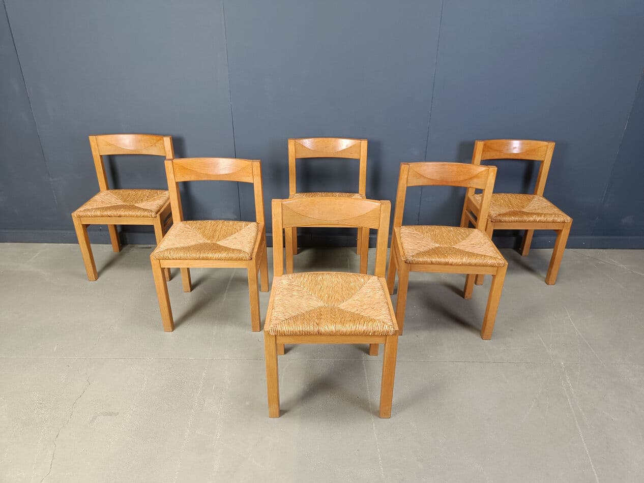 Set of dining chairs, brown oak, natural wicker, Belgium, 1960s - 274876
