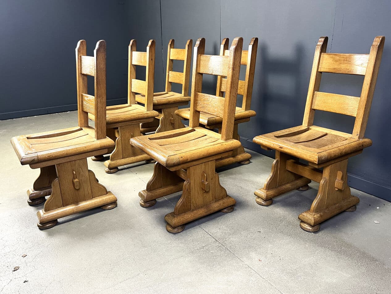 Set of brutalist dining chairs, brown oak, Belgium, 1960s. - 274852