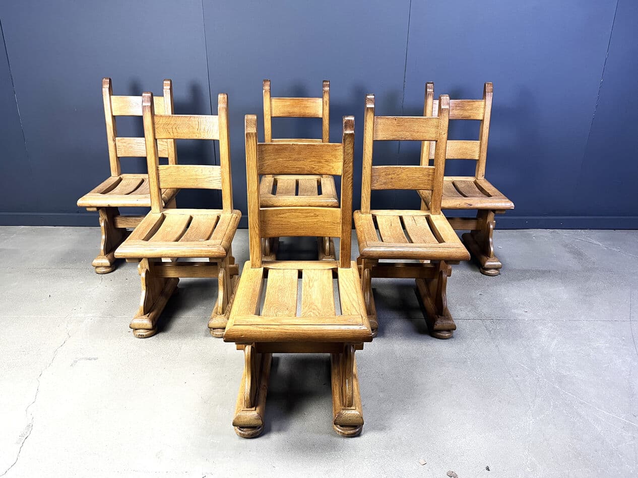 Set of brutalist dining chairs, brown oak, Belgium, 1960s. - 274847
