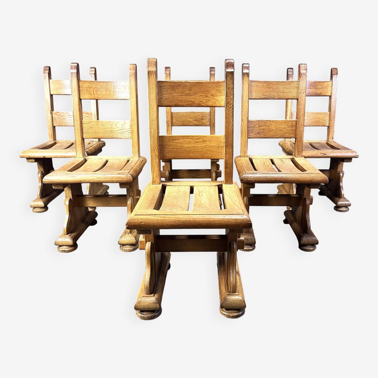 Set of brutalist dining chairs, brown oak, Belgium, 1960s. - 274849