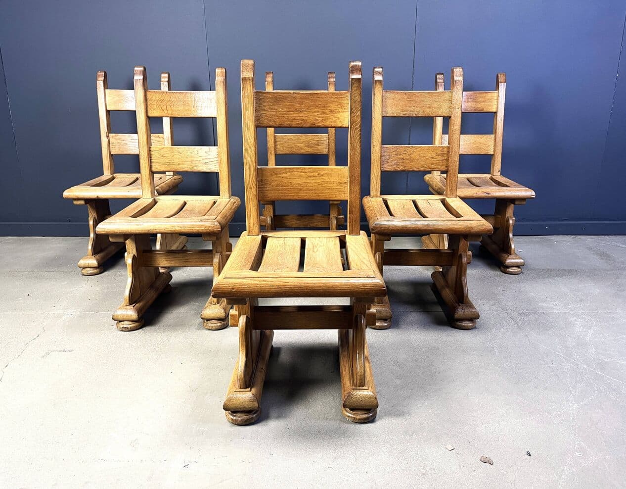 Set of brutalist dining chairs, brown oak, Belgium, 1960s. - 274848