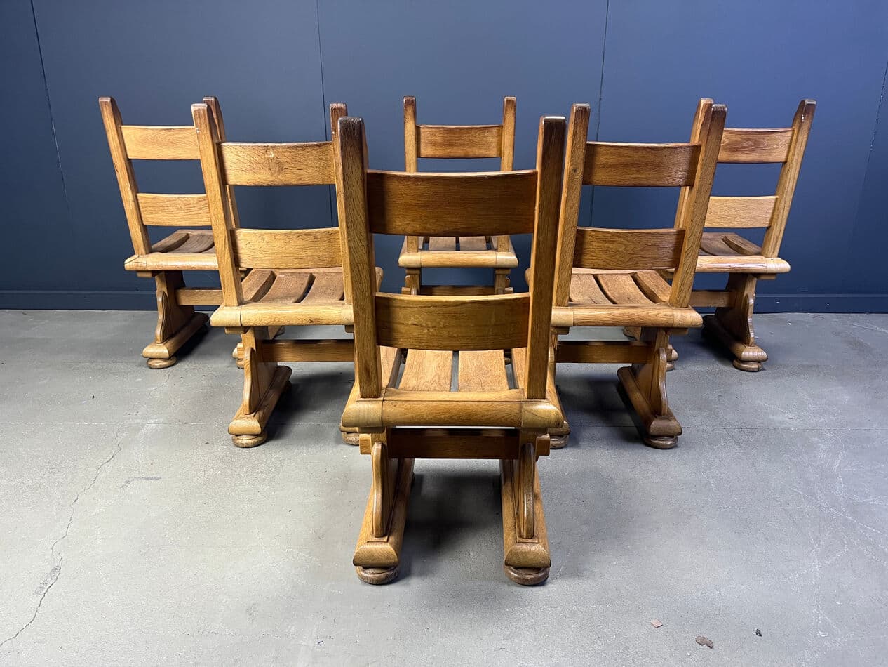 Set of brutalist dining chairs, brown oak, Belgium, 1960s. - 274856
