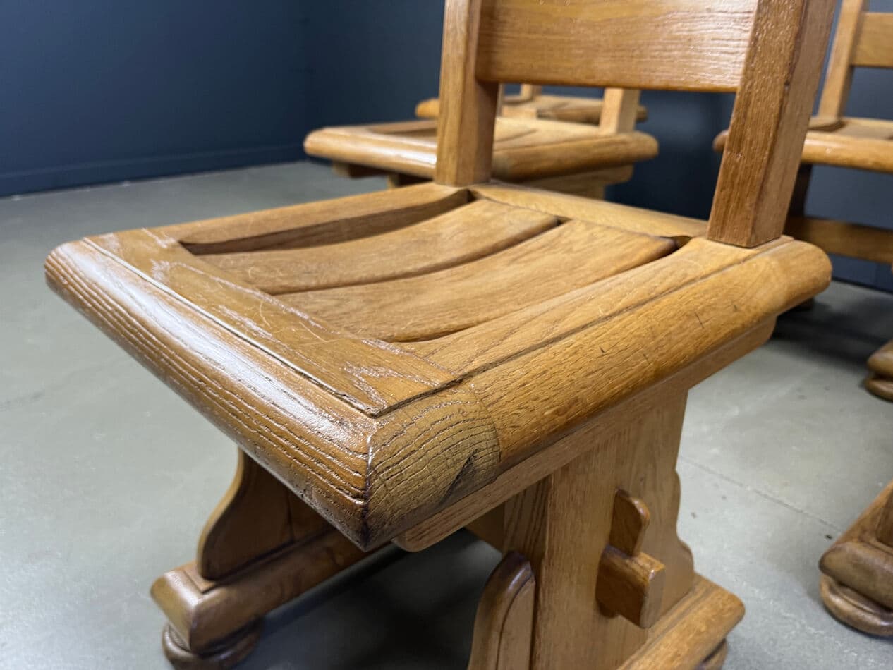 Set of brutalist dining chairs, brown oak, Belgium, 1960s. - 274855