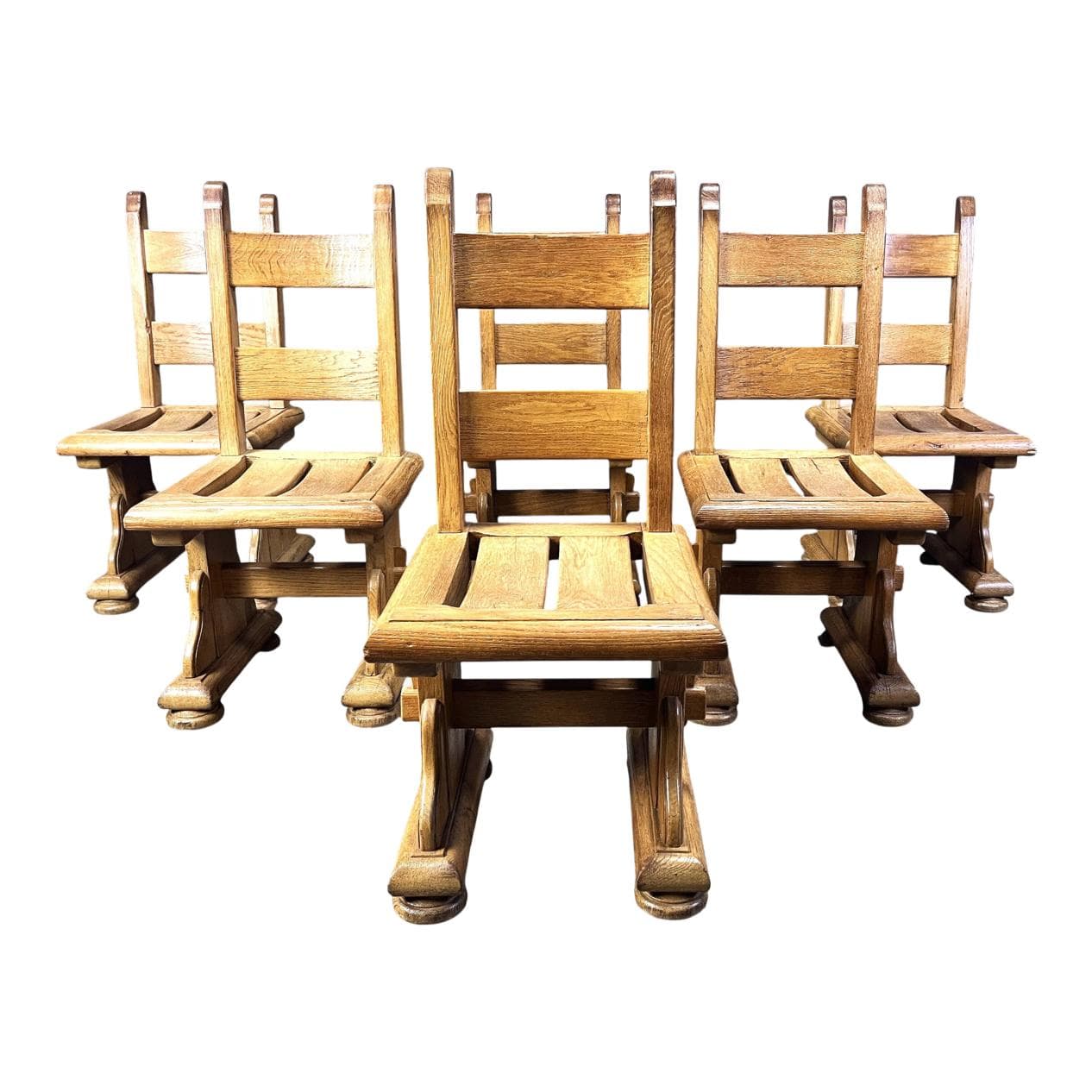 Set of brutalist dining chairs, brown oak, Belgium, 1960s.