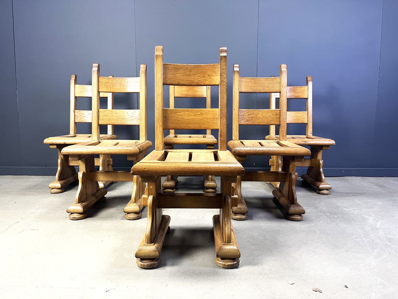 Set of brutalist dining chairs, brown oak, Belgium, 1960s. - 274846