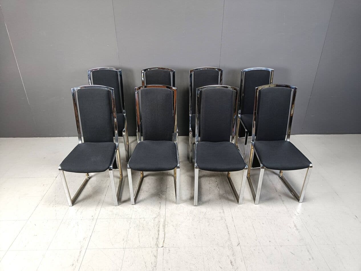 set of eight dining chairs, black fabric, brass, chrome, Belgium, 1970s - 274839