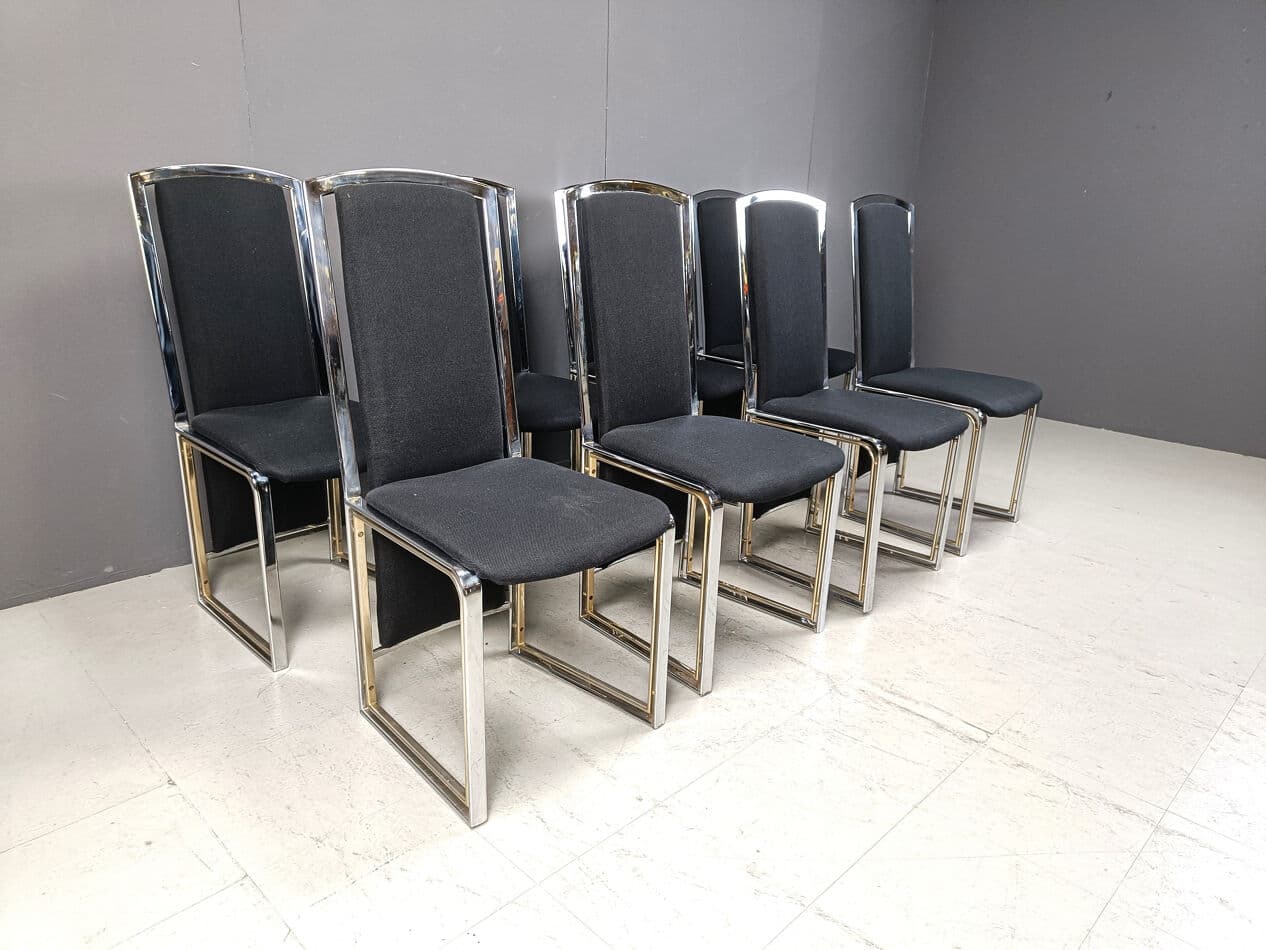 set of eight dining chairs, black fabric, brass, chrome, Belgium, 1970s - 274838