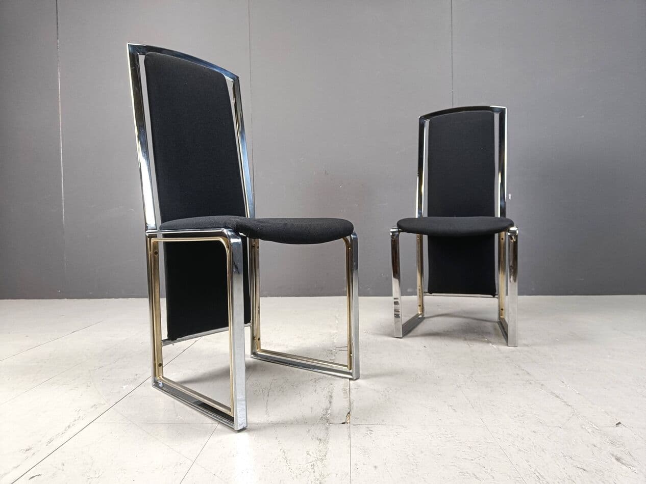 set of eight dining chairs, black fabric, brass, chrome, Belgium, 1970s - 274843