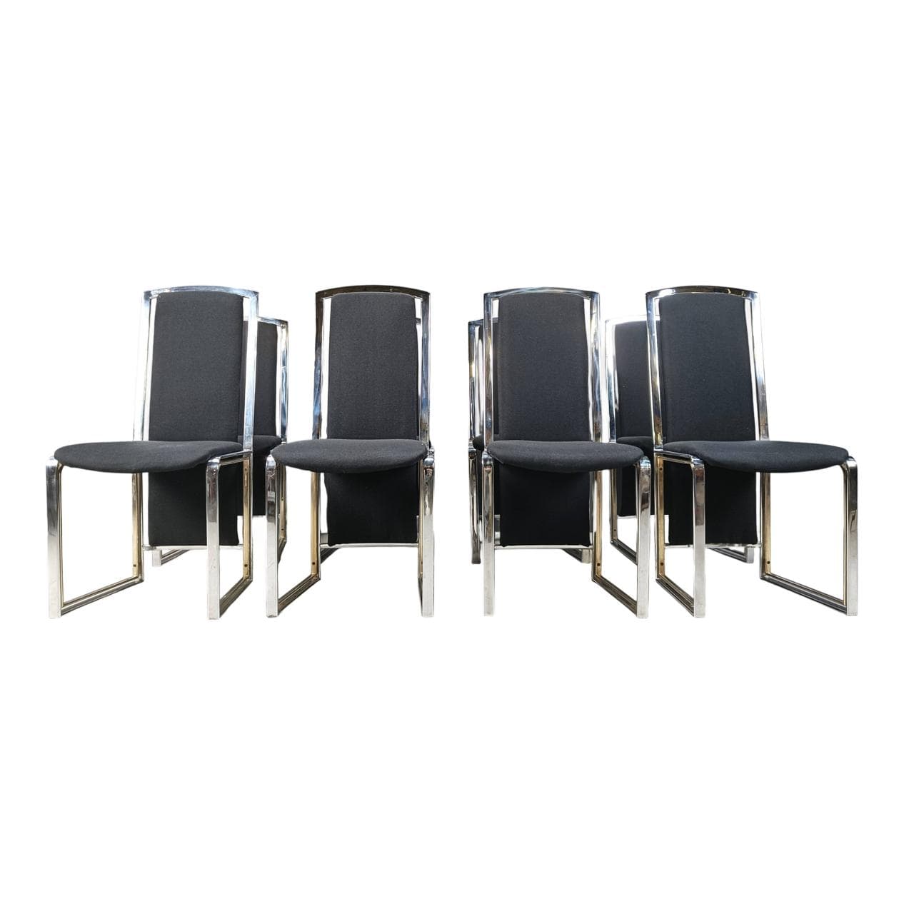 set of eight dining chairs, black fabric, brass, chrome, Belgium, 1970s