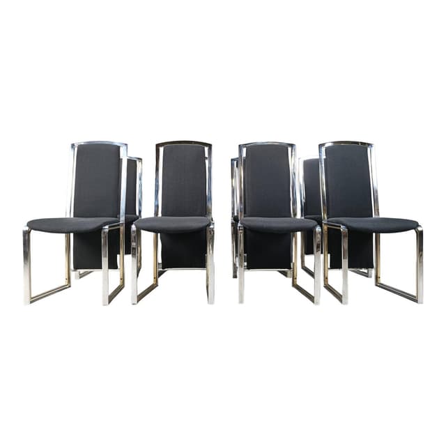 set of eight dining chairs, black fabric, brass, chrome, Belgium, 1970s - DIMENSION