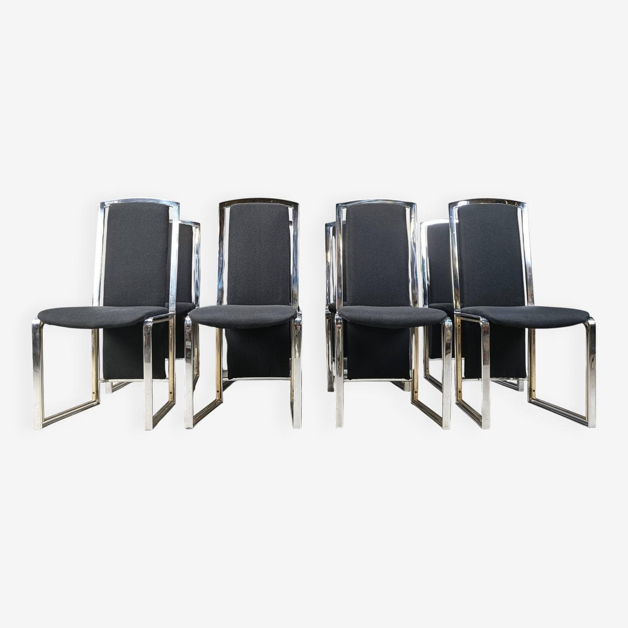 set of eight dining chairs, black fabric, brass, chrome, Belgium, 1970s - 274836