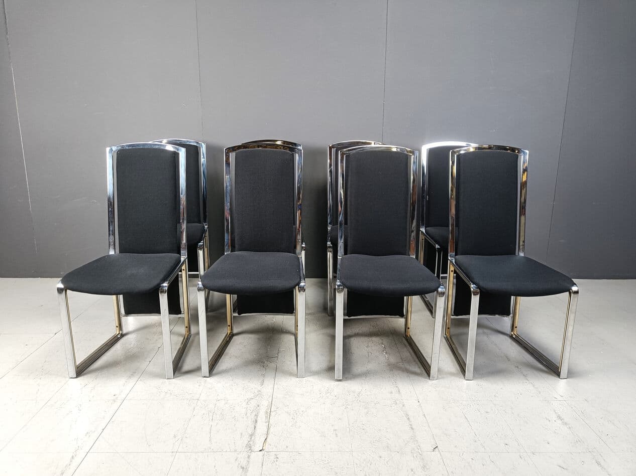 set of eight dining chairs, black fabric, brass, chrome, Belgium, 1970s - 274840