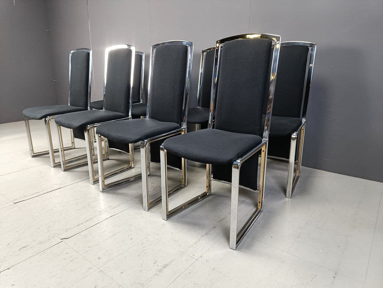 set of eight dining chairs, black fabric, brass, chrome, Belgium, 1970s - 274837