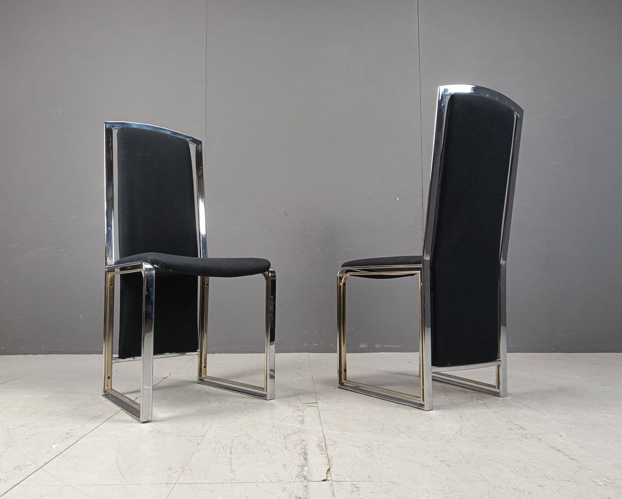 set of eight dining chairs, black fabric, brass, chrome, Belgium, 1970s - 274841