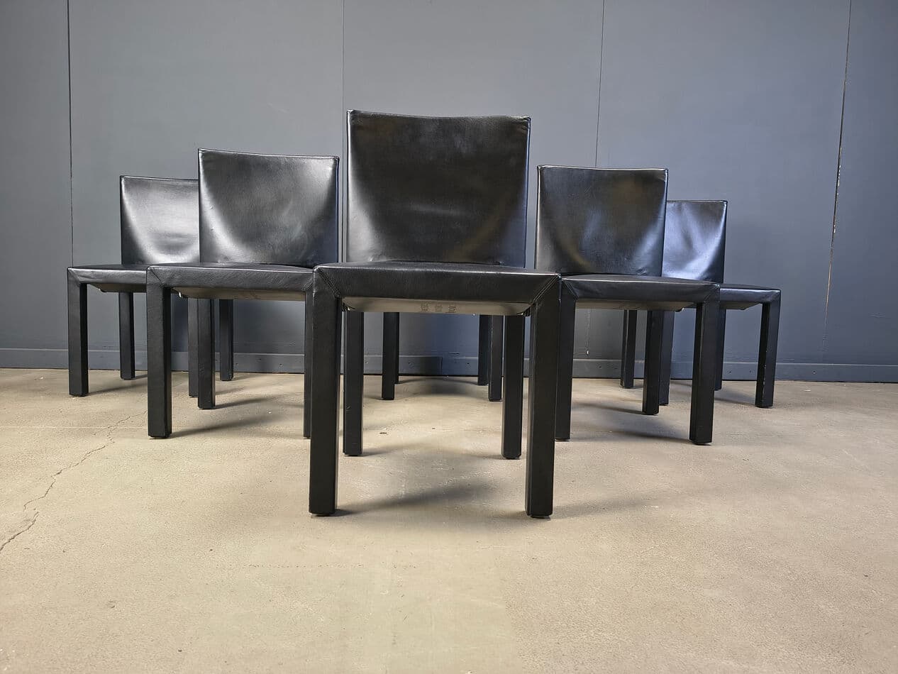 set of 6 dining chairs Arcadia, black leather, by P. Piva, B&B Italia, Italy, 1980s - 274740