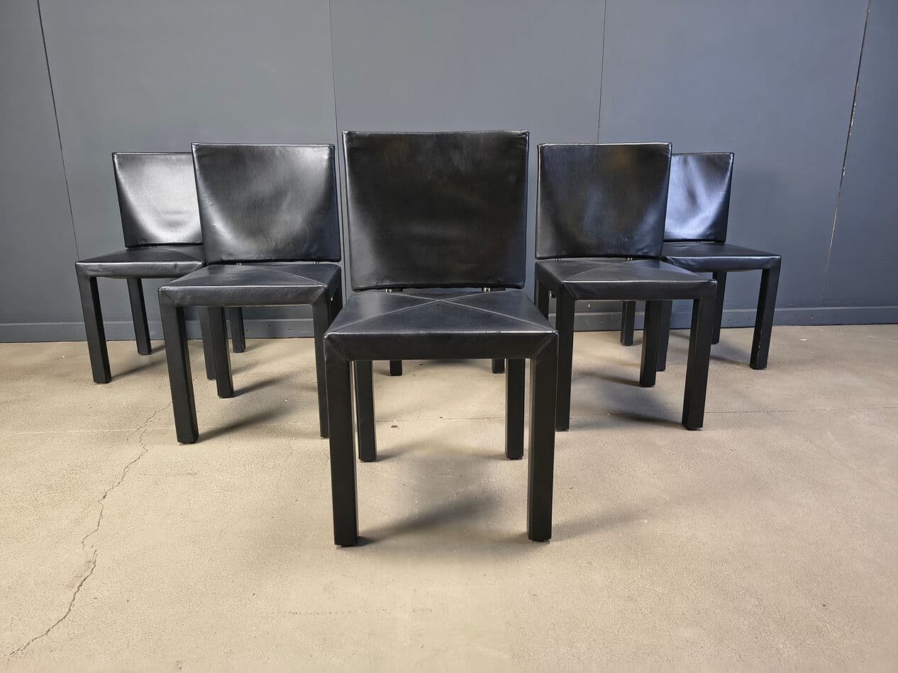 set of 6 dining chairs Arcadia, black leather, by P. Piva, B&B Italia, Italy, 1980s - 274733