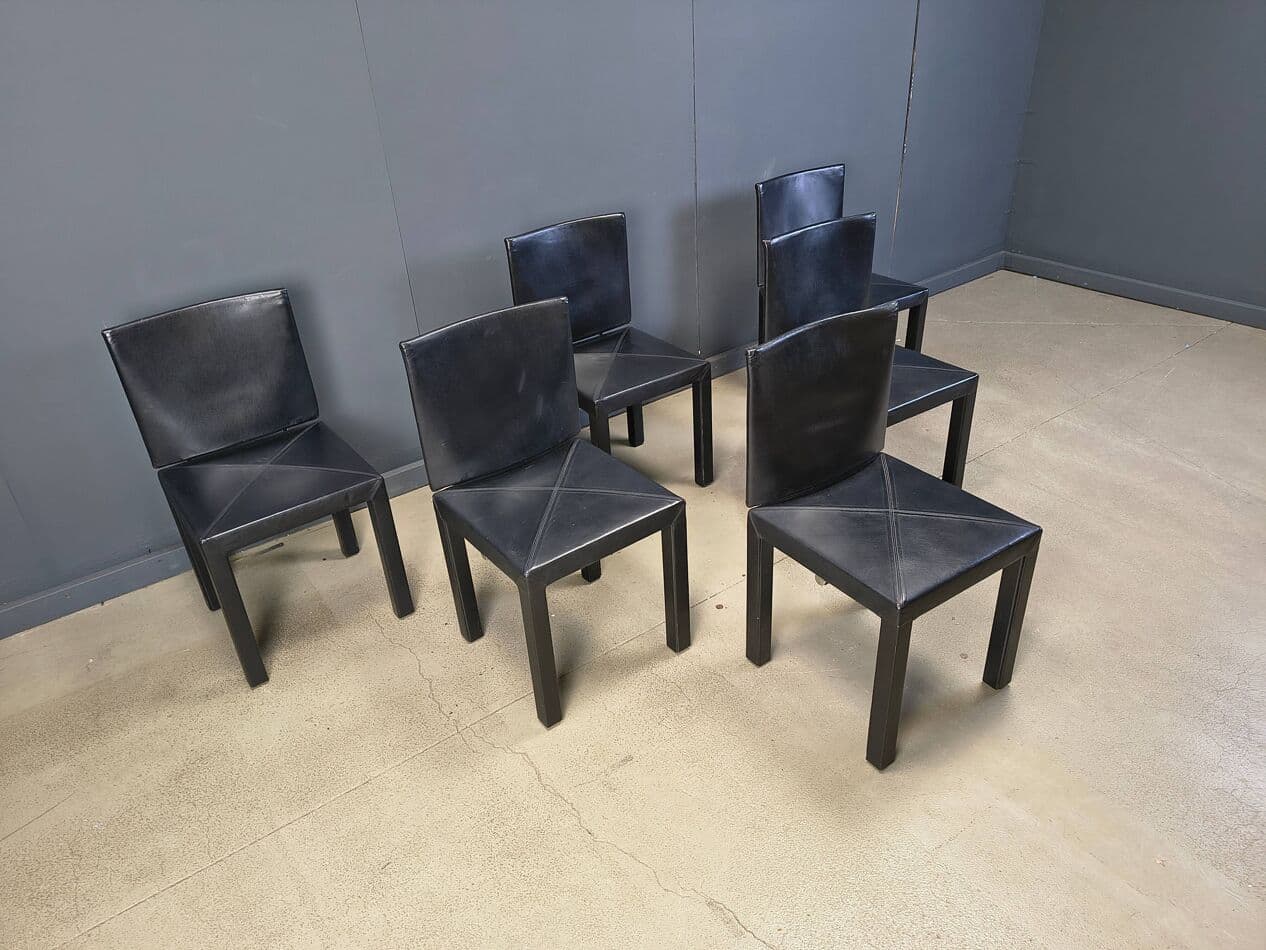 set of 6 dining chairs Arcadia, black leather, by P. Piva, B&B Italia, Italy, 1980s - 274741