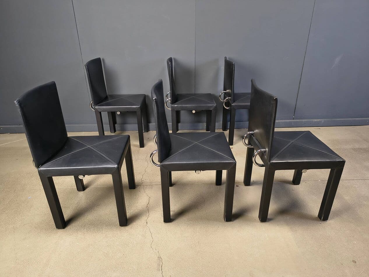 set of 6 dining chairs Arcadia, black leather, by P. Piva, B&B Italia, Italy, 1980s - 274737