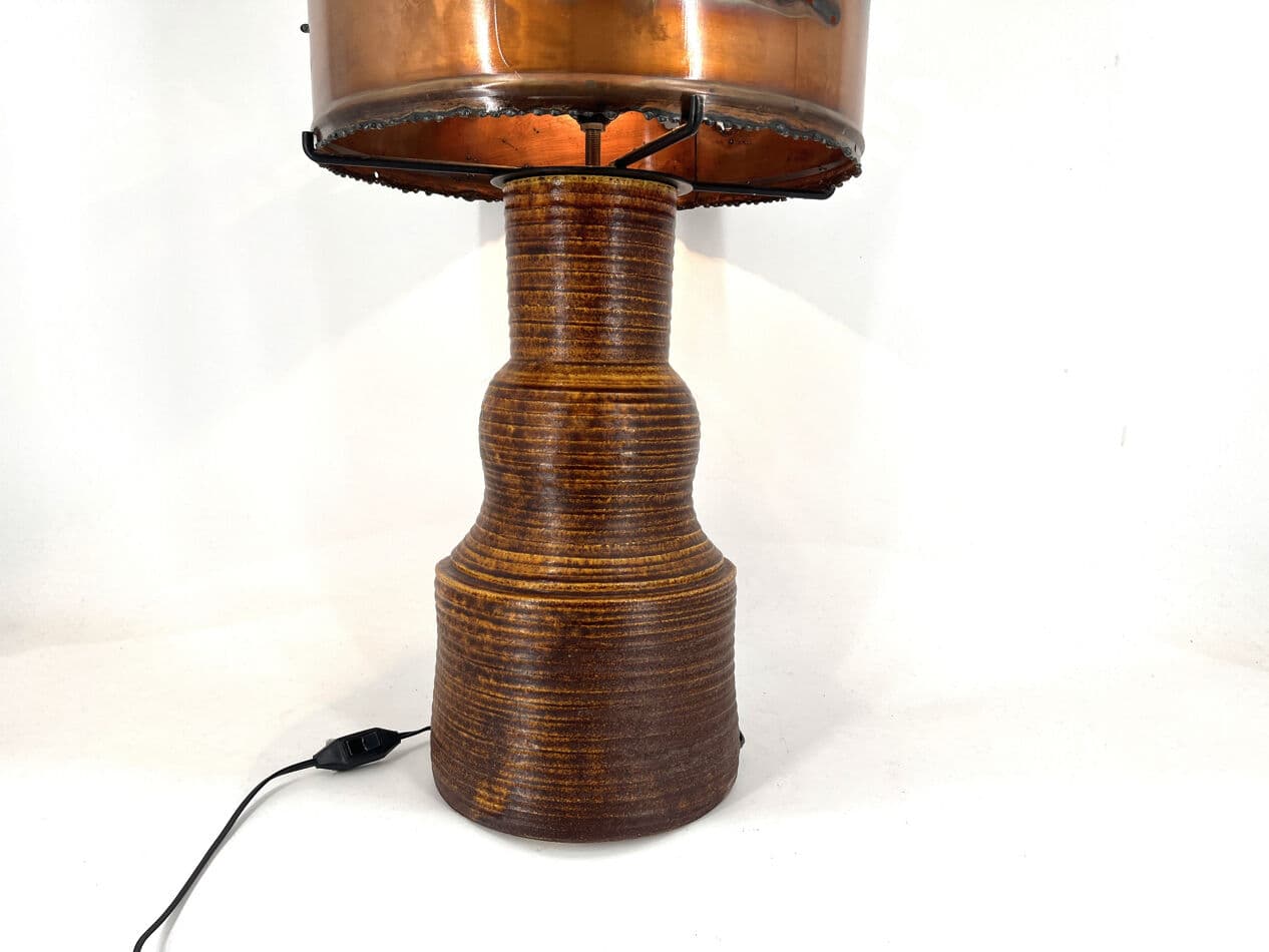 Lampa stołowa XL, brązowy, ceramika, miedź, szkło barwione, Francja, lata 70. - 274443