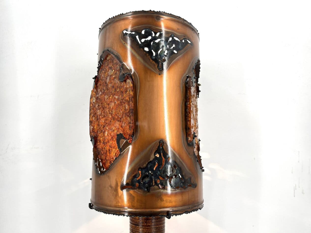 Lampa stołowa XL, brązowy, ceramika, miedź, szkło barwione, Francja, lata 70. - 274444